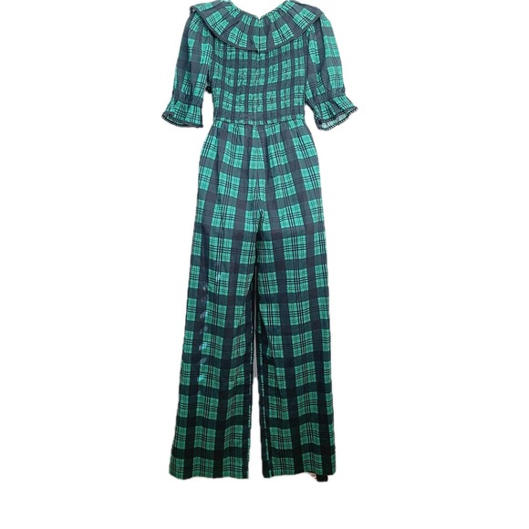 Ivy City Co Plaid Smocked Jumpsuit S Green Blue Puff Sleeve Square Ruffle Neck - Picture 6 of 11